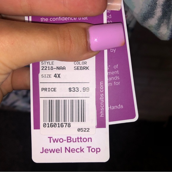 Healing Hands two button Jewel Neck blue and green patterned Scrub top - Picture 9 of 9